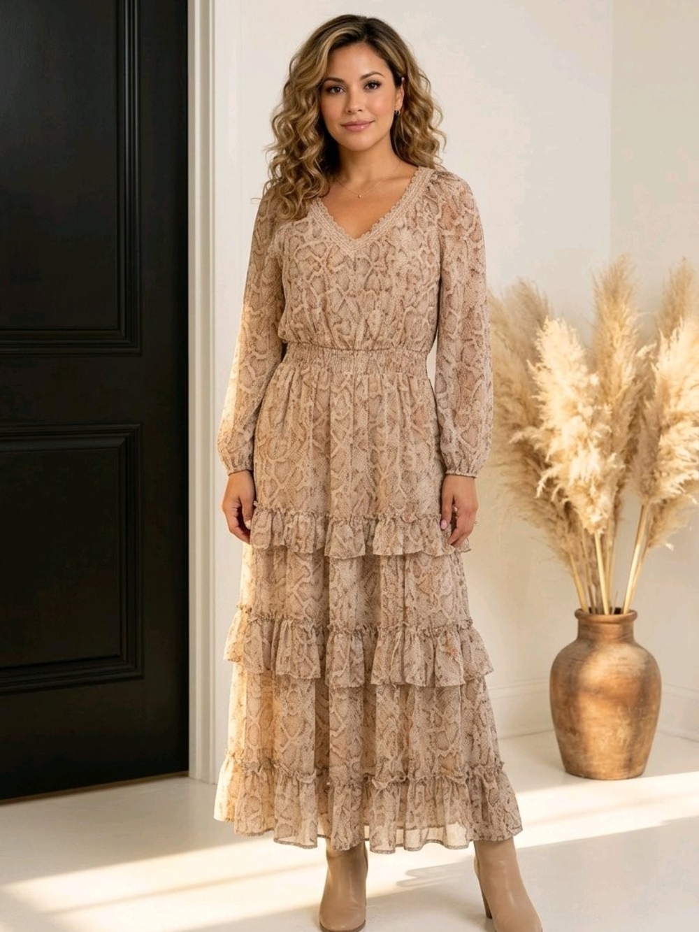 Jessica Simpson Beige Tiered Lace Maxi Dress